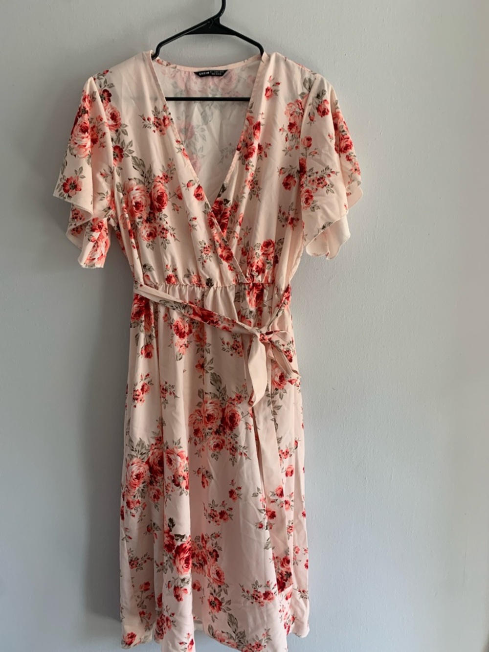 SHEIN Blush Pink Floral Wrap Midi Dress